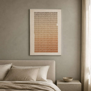 Neutral relief wall art displayed in a serene sage-gray bedroom.