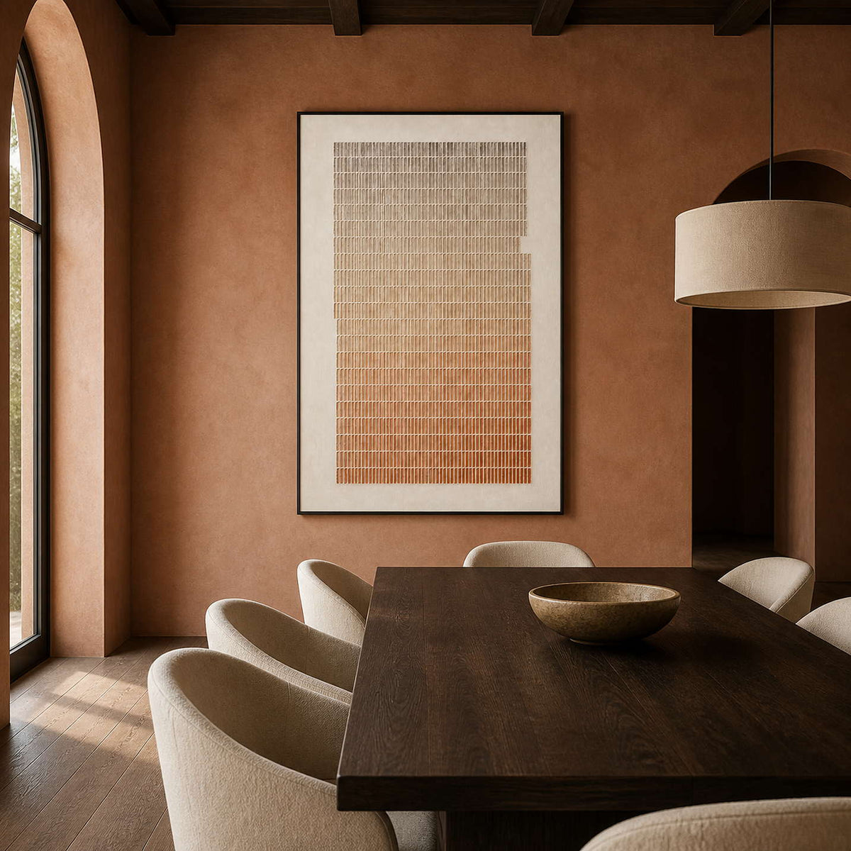 Terracotta grid artwork displayed in a warm earth-toned dining room.