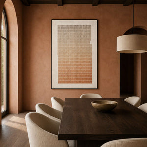 Terracotta grid artwork displayed in a warm earth-toned dining room.