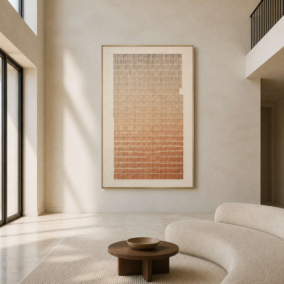 Textured minimalist wall art displayed in a bright double-height living room.