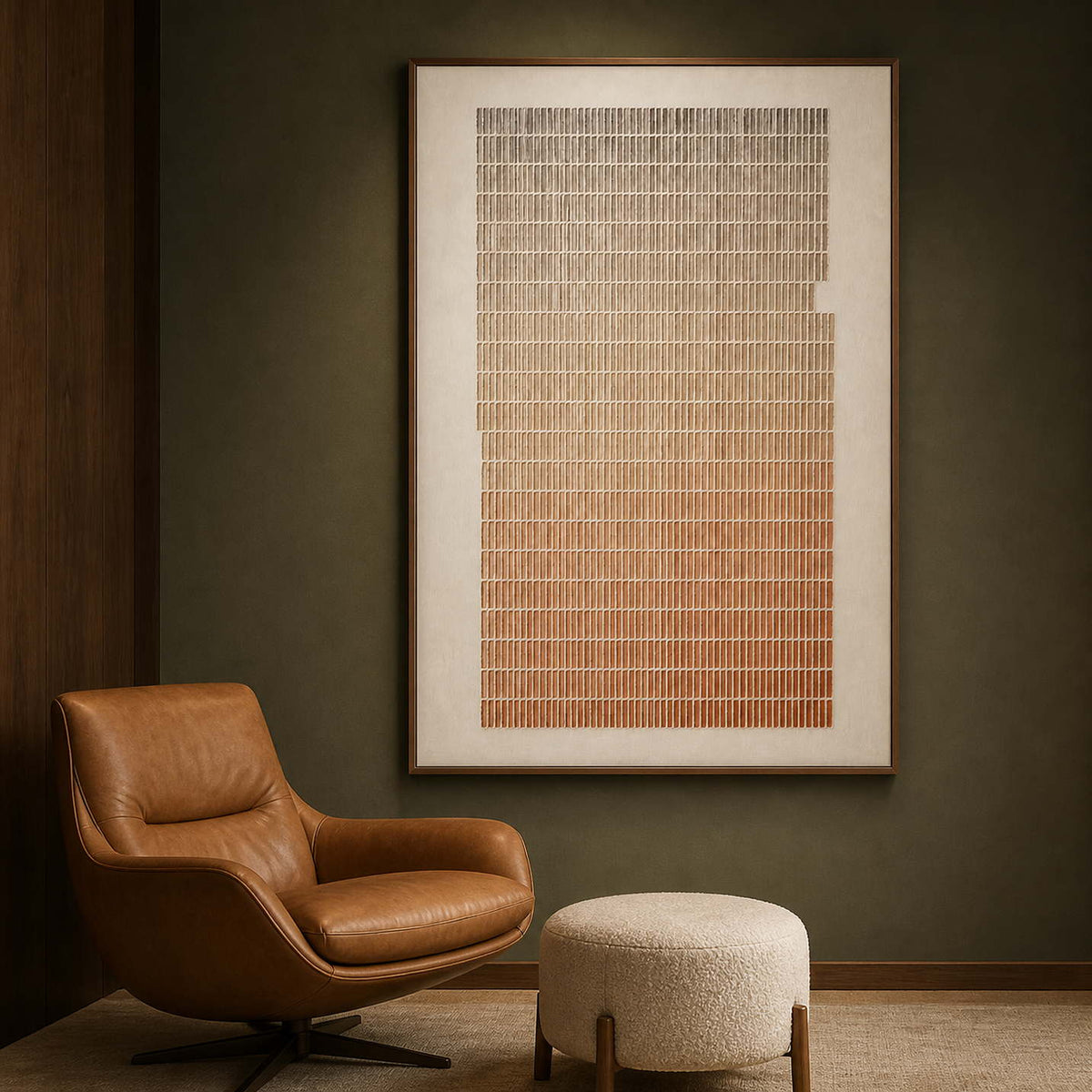 Earth-toned grid wall art displayed in a deep olive reading room.