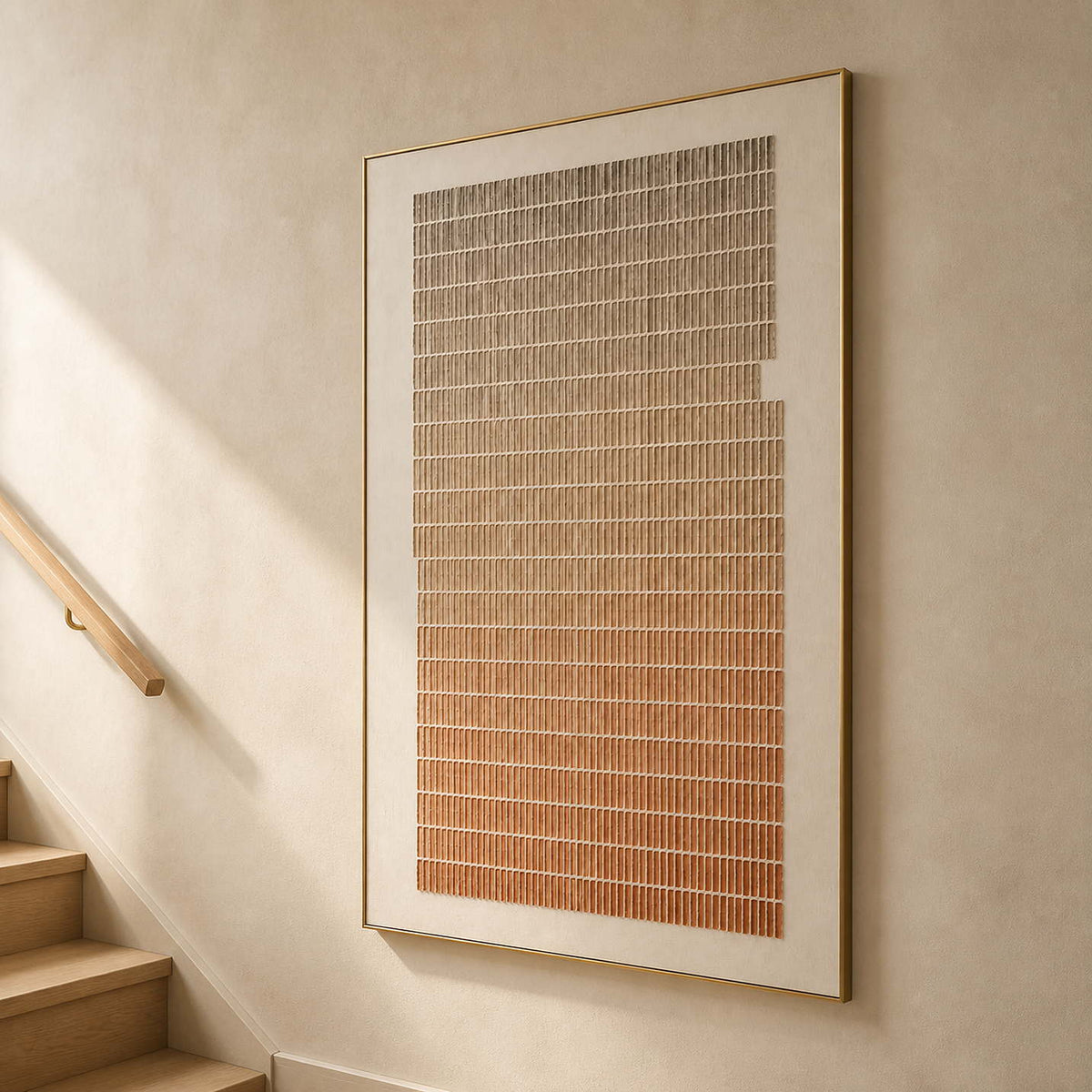 Textured terracotta wall art displayed beside a warm wood stairway.