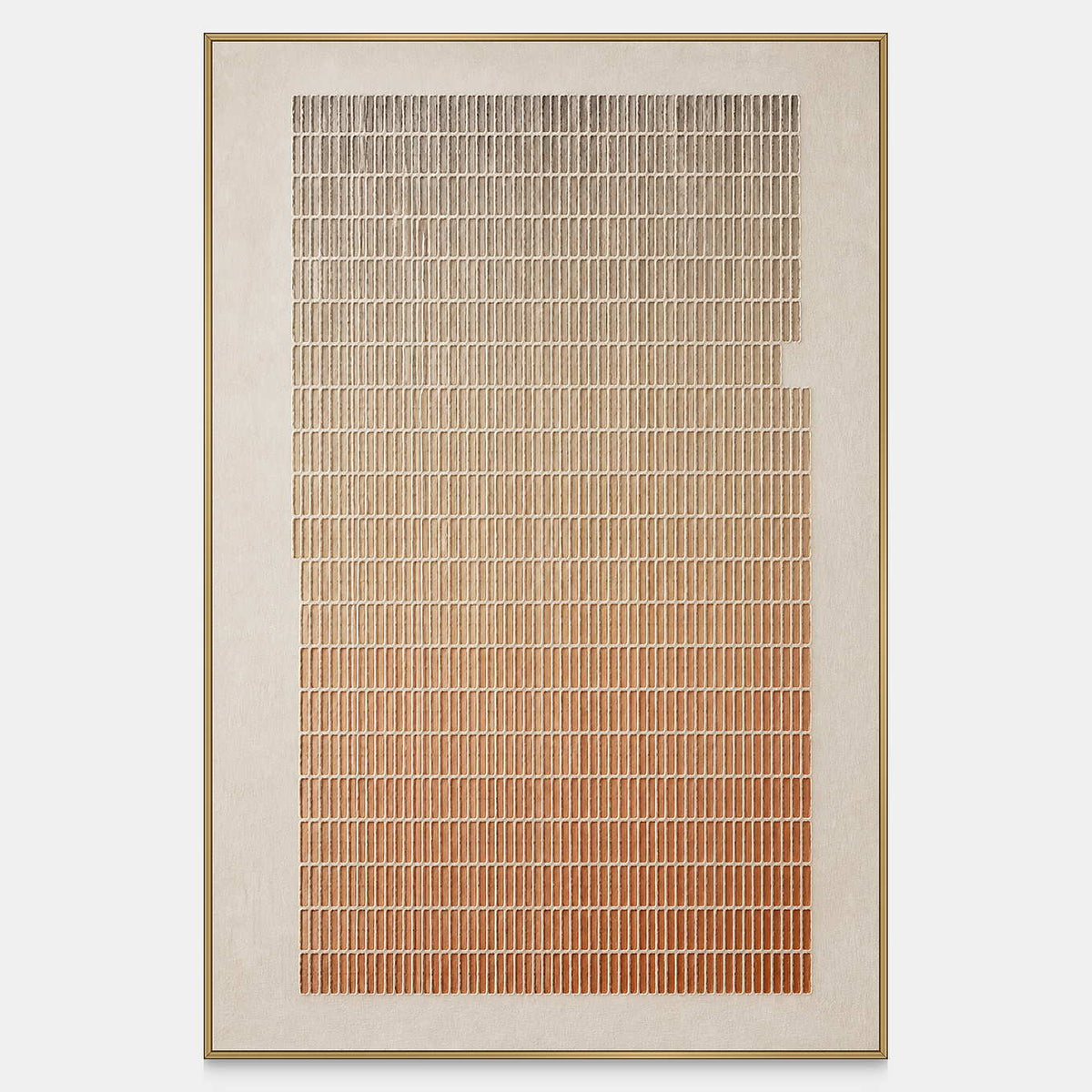 Vertical relief grid artwork graduating from stone gray to warm terracotta.