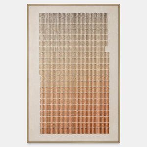 Vertical relief grid artwork graduating from stone gray to warm terracotta.