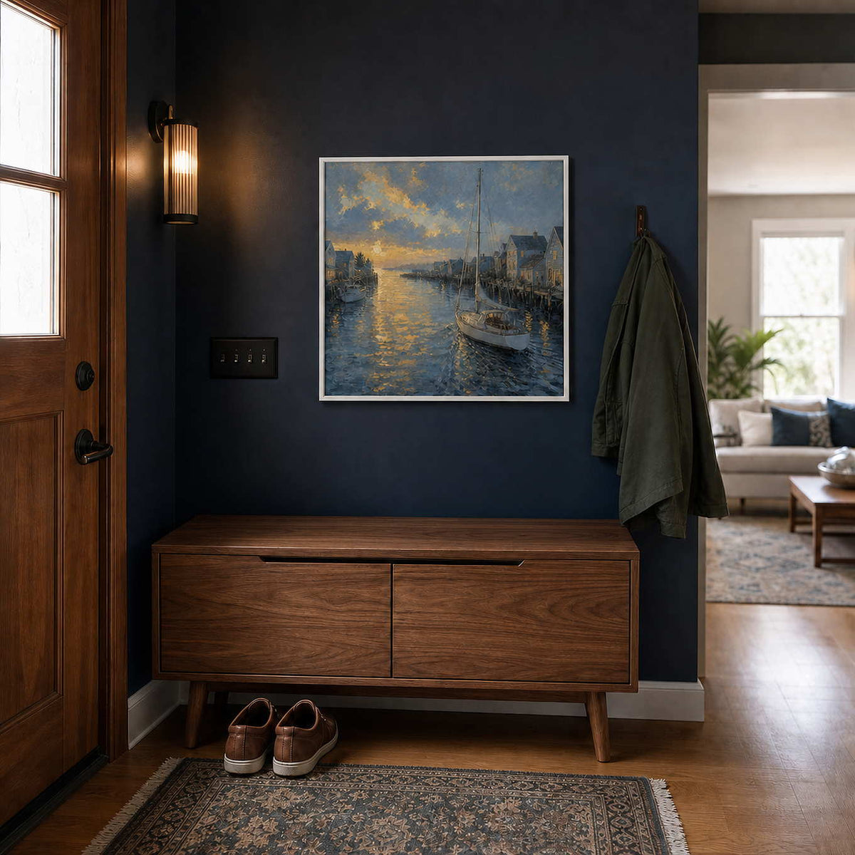 Textured harbor wall art displayed above a wood console in a dark blue entryway.