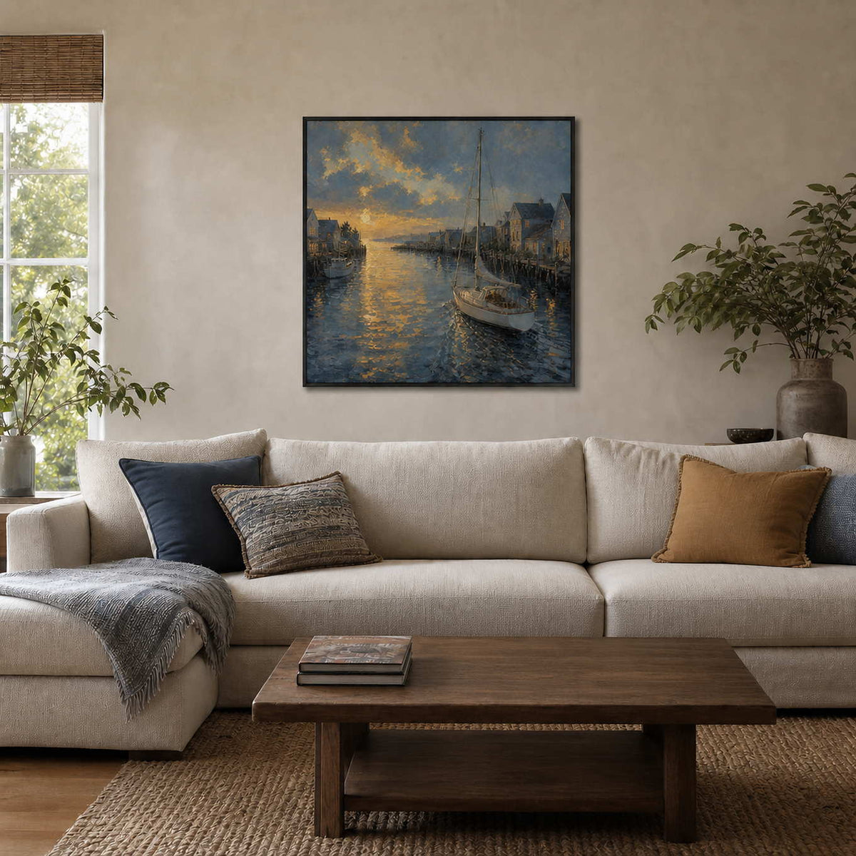 Textured coastal wall art displayed above a neutral sofa in a modern living room.