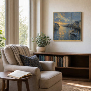 Golden sunset harbor wall art styled in a calm coastal reading corner.