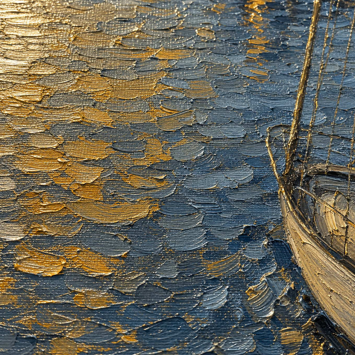 Close-up of raised blue-gray water texture and luminous hand-painted gold reflections.