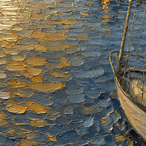 Close-up of raised blue-gray water texture and luminous hand-painted gold reflections.