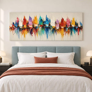 Panoramic harbor painting with colorful sail-like shapes and reflections without an outer frame in a bedroom.