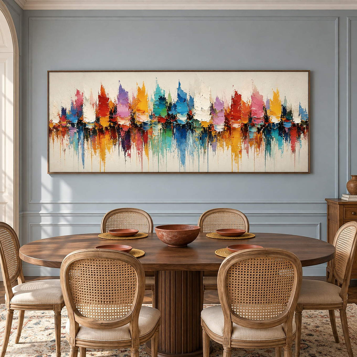 Panoramic harbor painting with colorful sail-like shapes and reflections in a brown wood frame in a dining room.