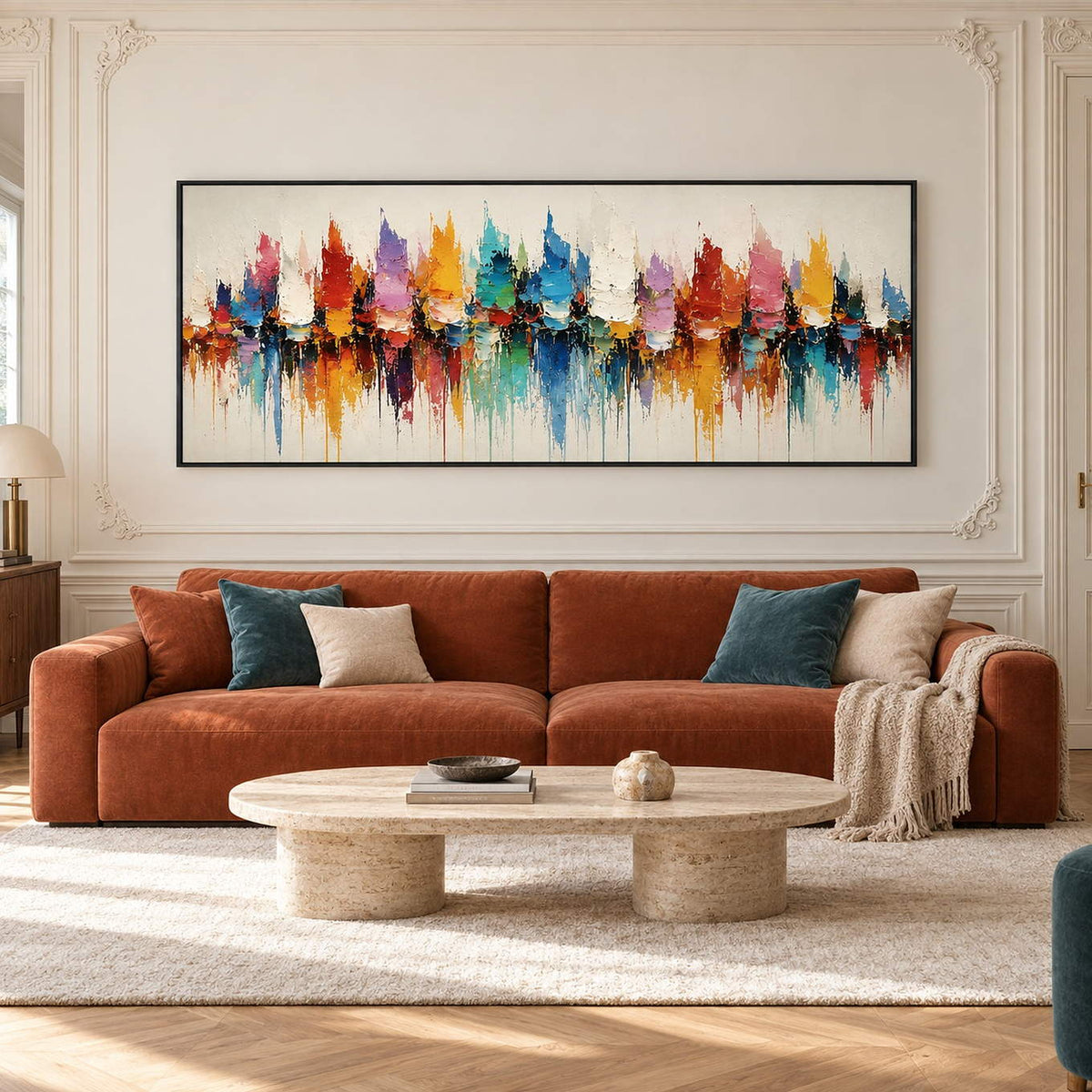 Panoramic harbor painting with colorful sail-like shapes and reflections in a black frame in a living room.