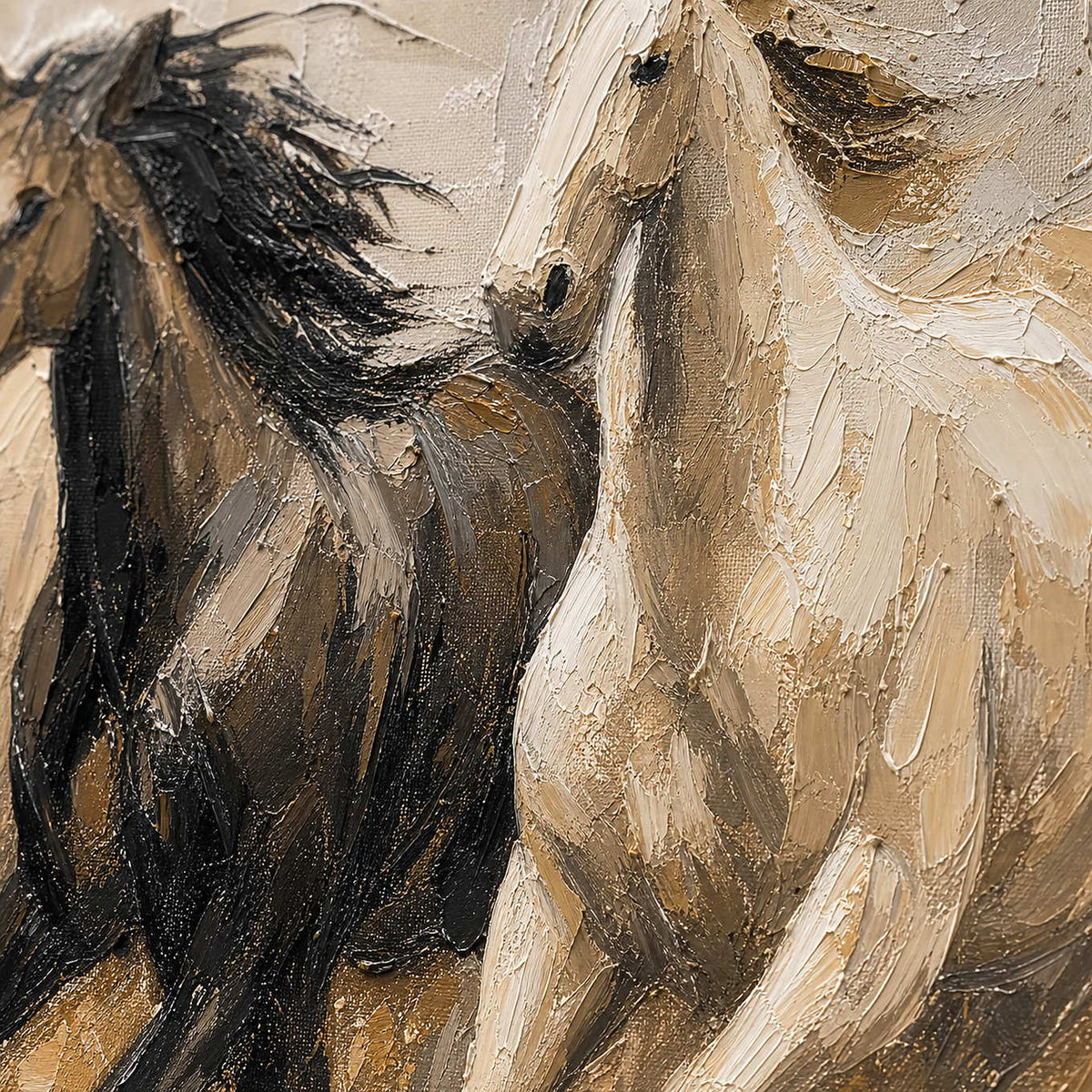 Close-up of raised hand-painted texture in earth tones, white, and black.
