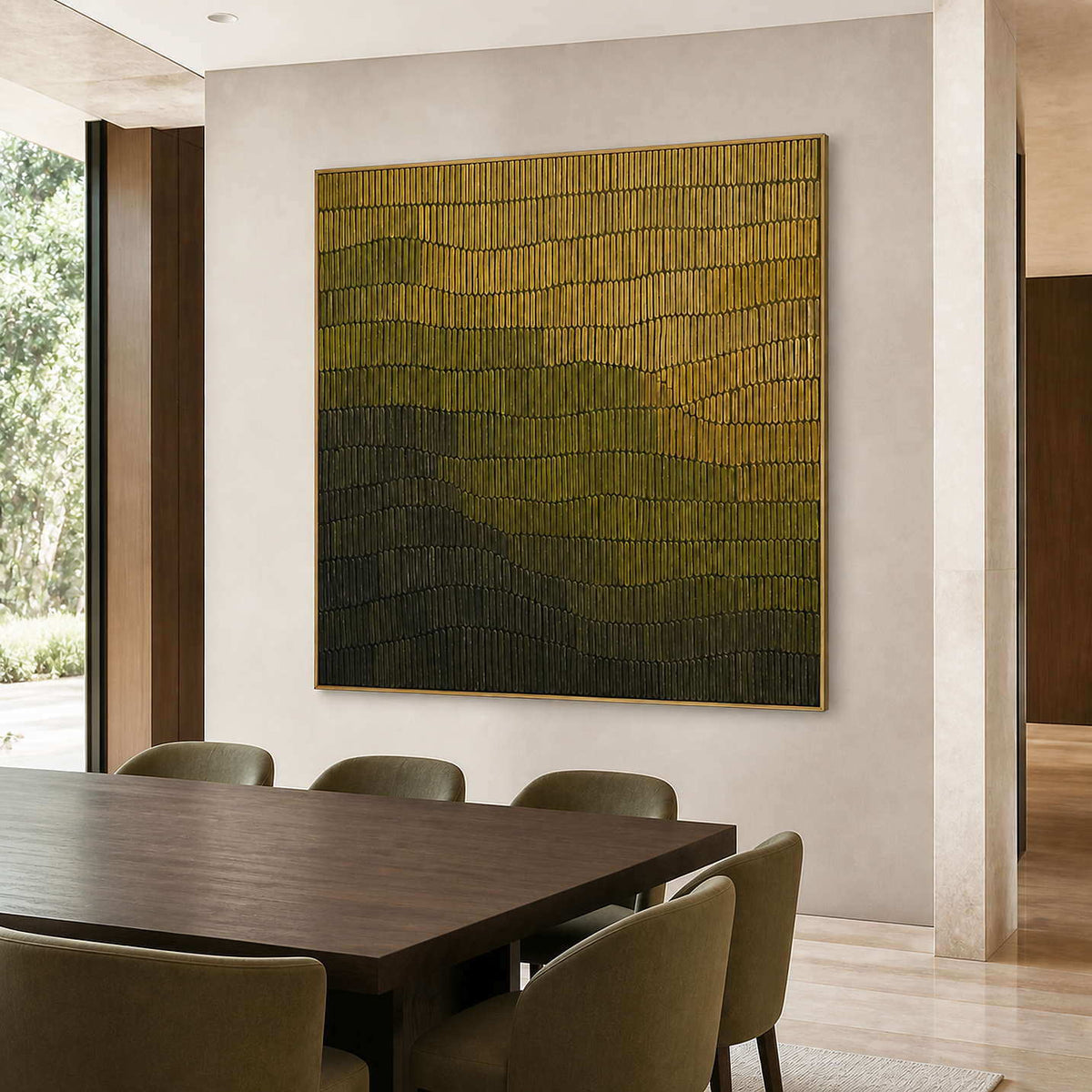 Earthy linear abstract artwork above a dark modern dining table.
