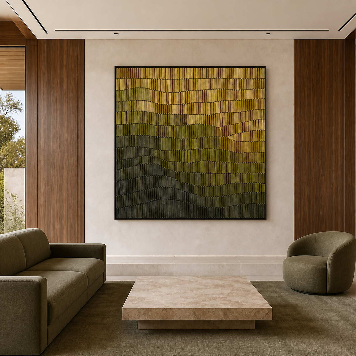 Olive and gold textured abstract wall art in a warm wood living room.