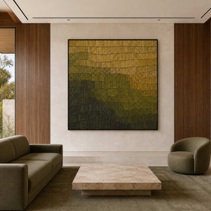 Olive and gold textured abstract wall art in a warm wood living room.