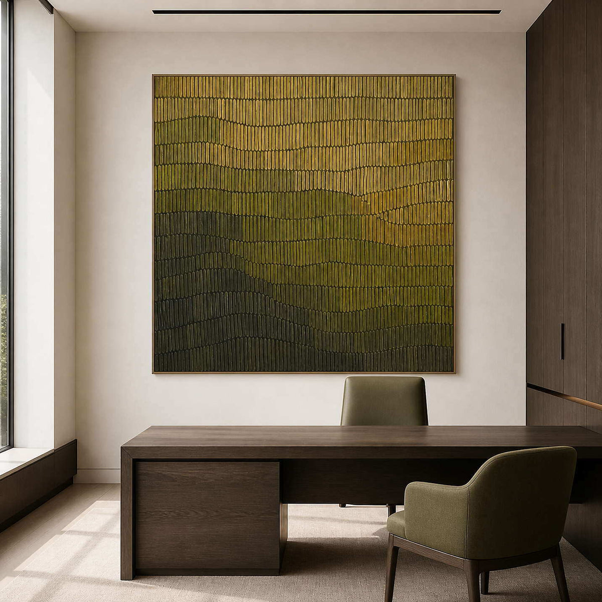 Olive and charcoal textured canvas above a refined office desk.