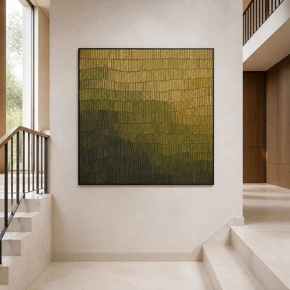 Textured green and charcoal artwork beside a modern staircase.