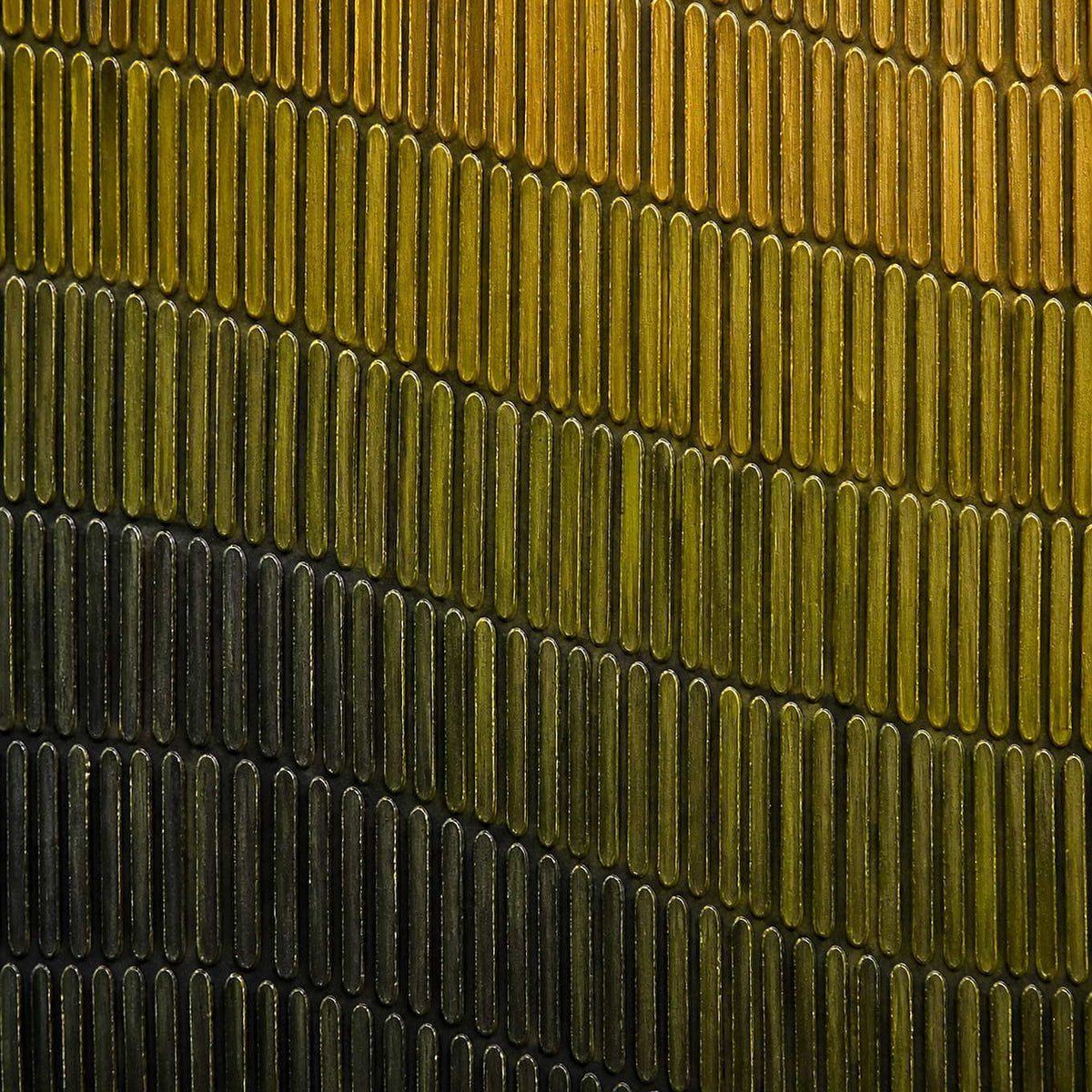 Close-up of repeated olive, ochre, and charcoal raised paint marks.