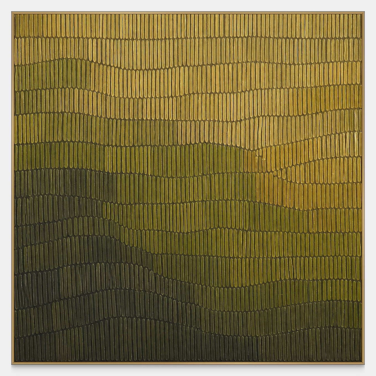 Hand-painted square relief artwork in ochre, olive, moss, and charcoal.