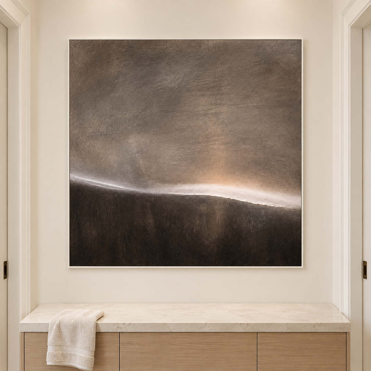A thin glowing horizon between smoky gray and dark brown fields in a white frame, displayed in a bathroom dry area.