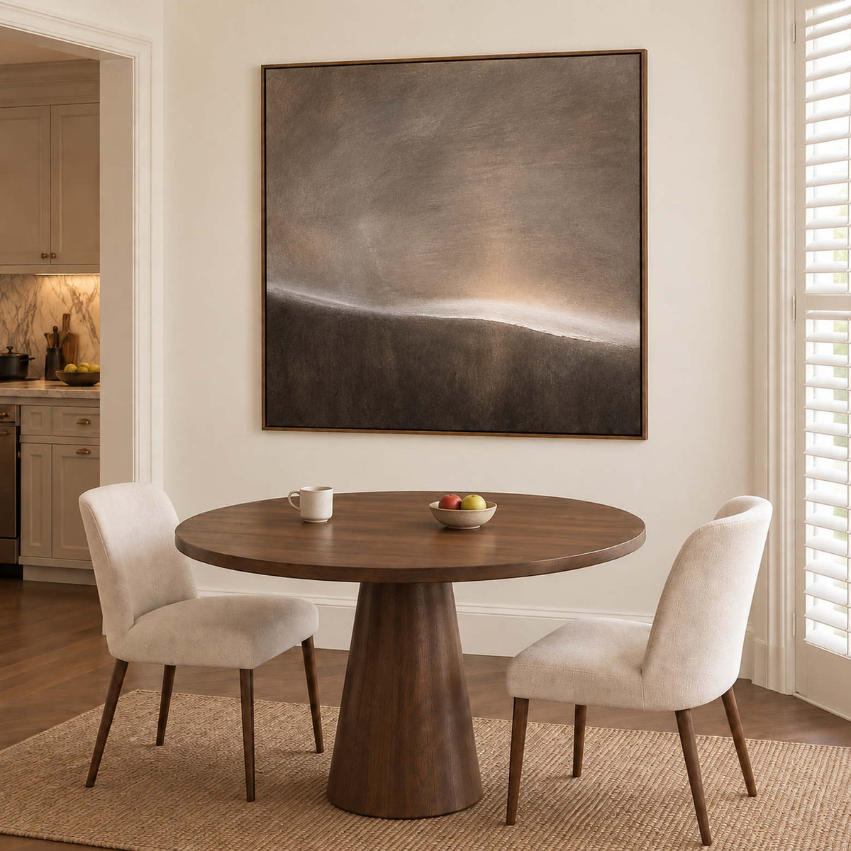 A thin glowing horizon between smoky gray and dark brown fields in a brown wood frame, displayed above a dining table.