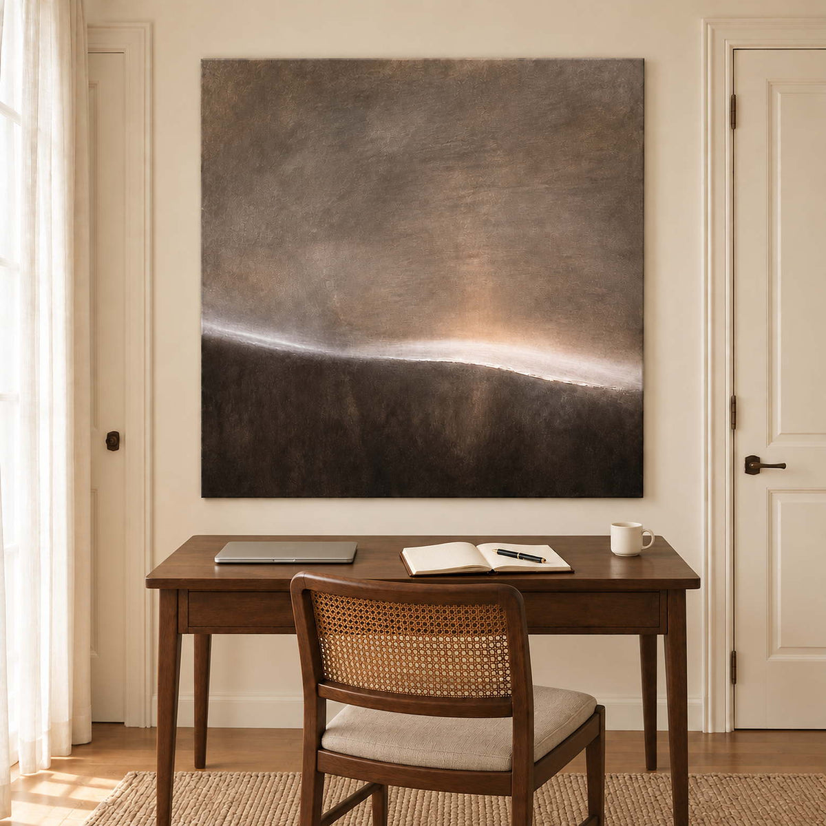 A thin glowing horizon between smoky gray and dark brown fields without an outer frame, displayed in a home office.