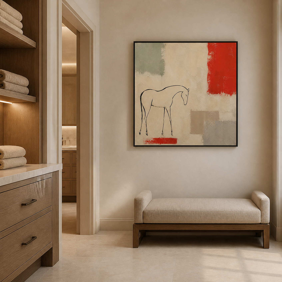 Neutral minimalist horse canvas in a serene modern bathroom.