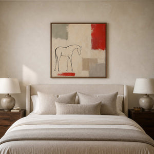 Neutral horse artwork with a red accent above a serene bedroom.