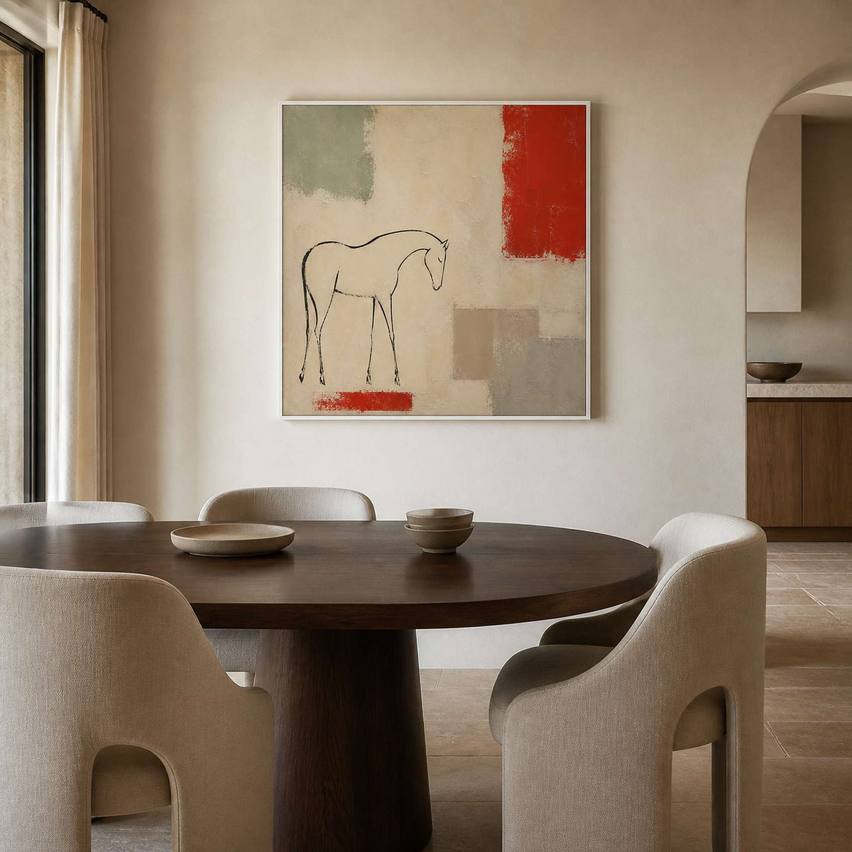 Square equestrian artwork displayed in a calm modern dining room.