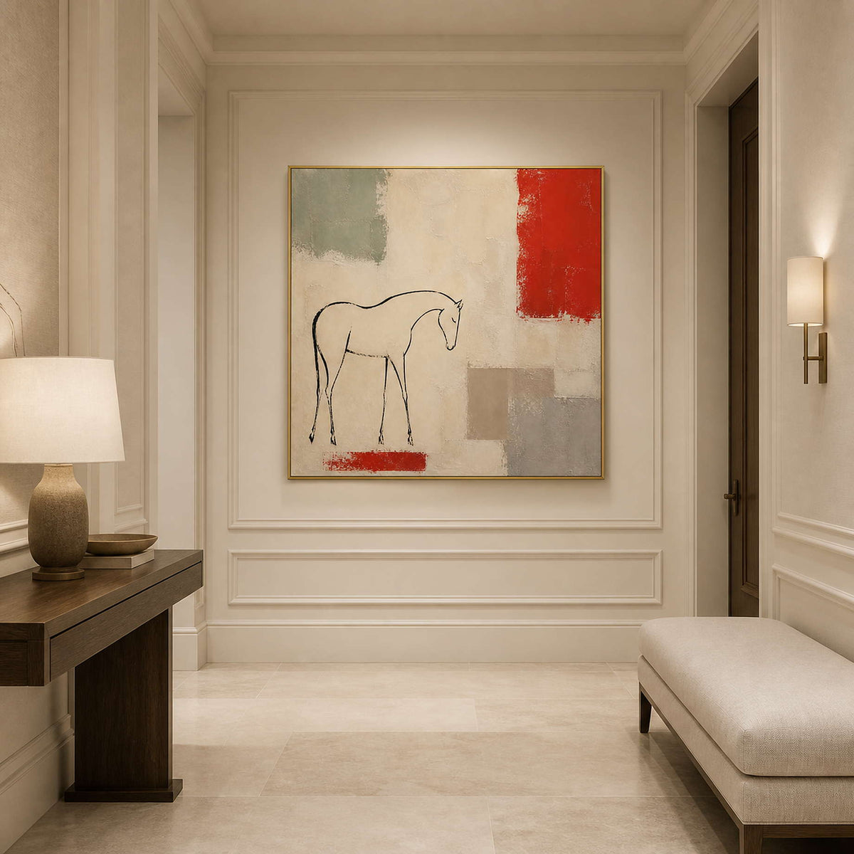 Square horse artwork adding graphic restraint to an elegant entryway.