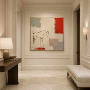 Square horse artwork adding graphic restraint to an elegant entryway.