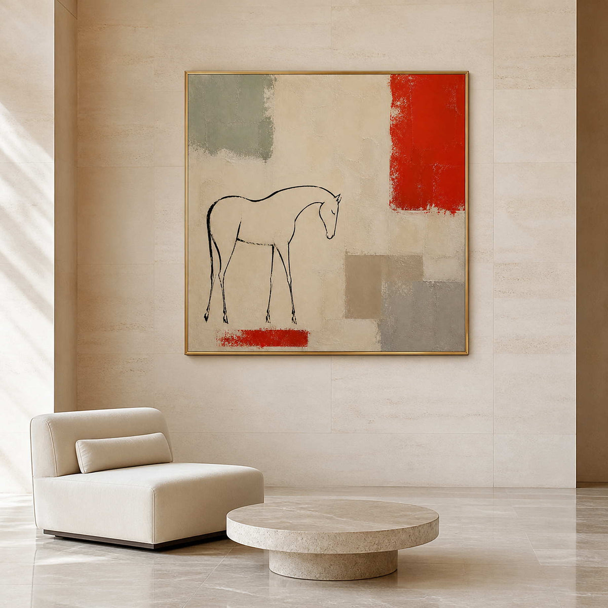 Minimalist horse canvas bringing quiet color to a hotel lobby.