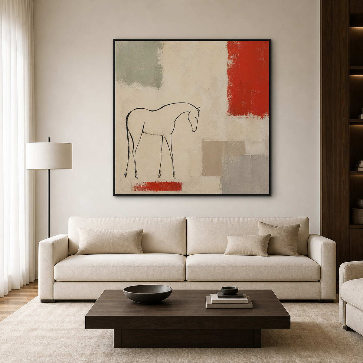 Minimalist horse wall art styled in a bright neutral living room.
