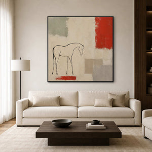 Minimalist horse wall art styled in a bright neutral living room.