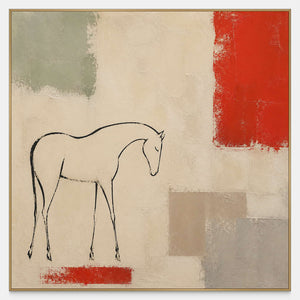 Minimalist black horse drawing with ivory, sage, stone, and red blocks.