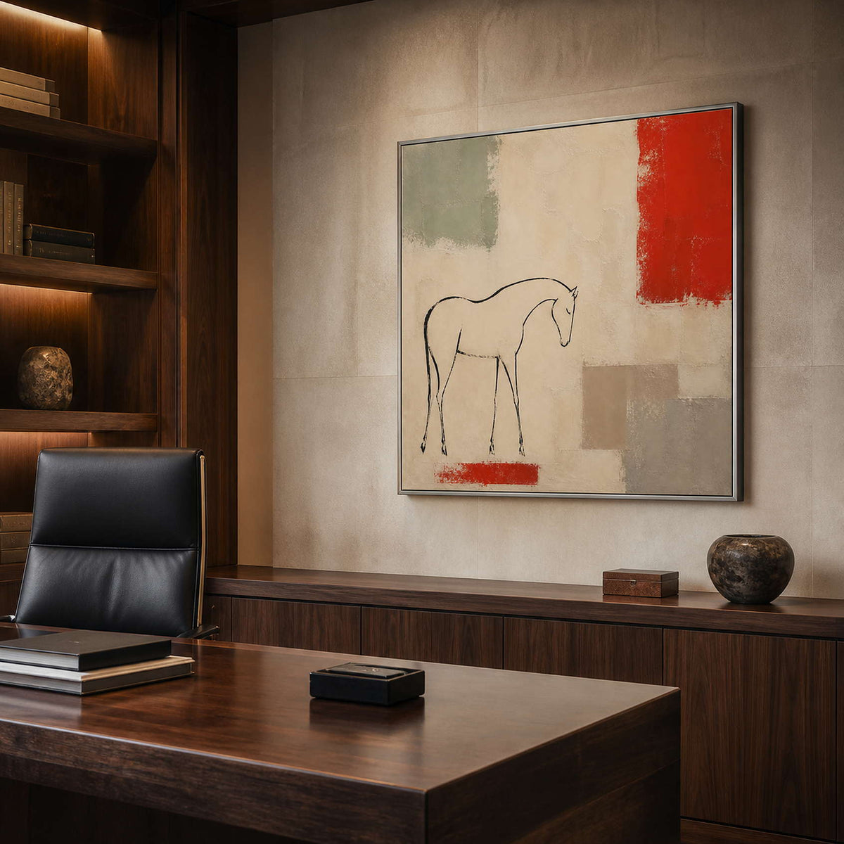 Minimalist equestrian wall art displayed in a warm modern office.