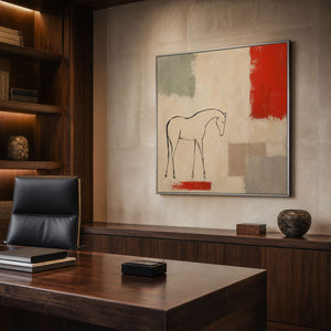 Minimalist equestrian wall art displayed in a warm modern office.