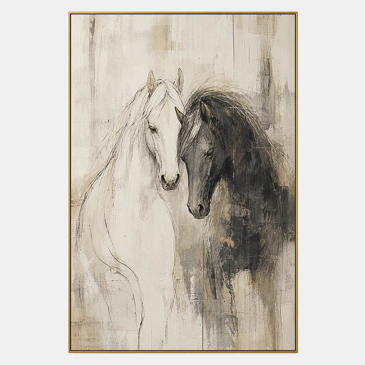 Hand-painted equestrian wall art with black, white, and earth tones tones.