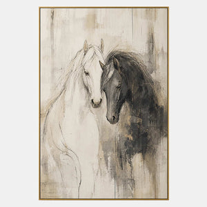 Hand-painted equestrian wall art with black, white, and earth tones tones.