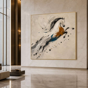 Square equestrian wall art in an airy high-ceiling commercial hall.