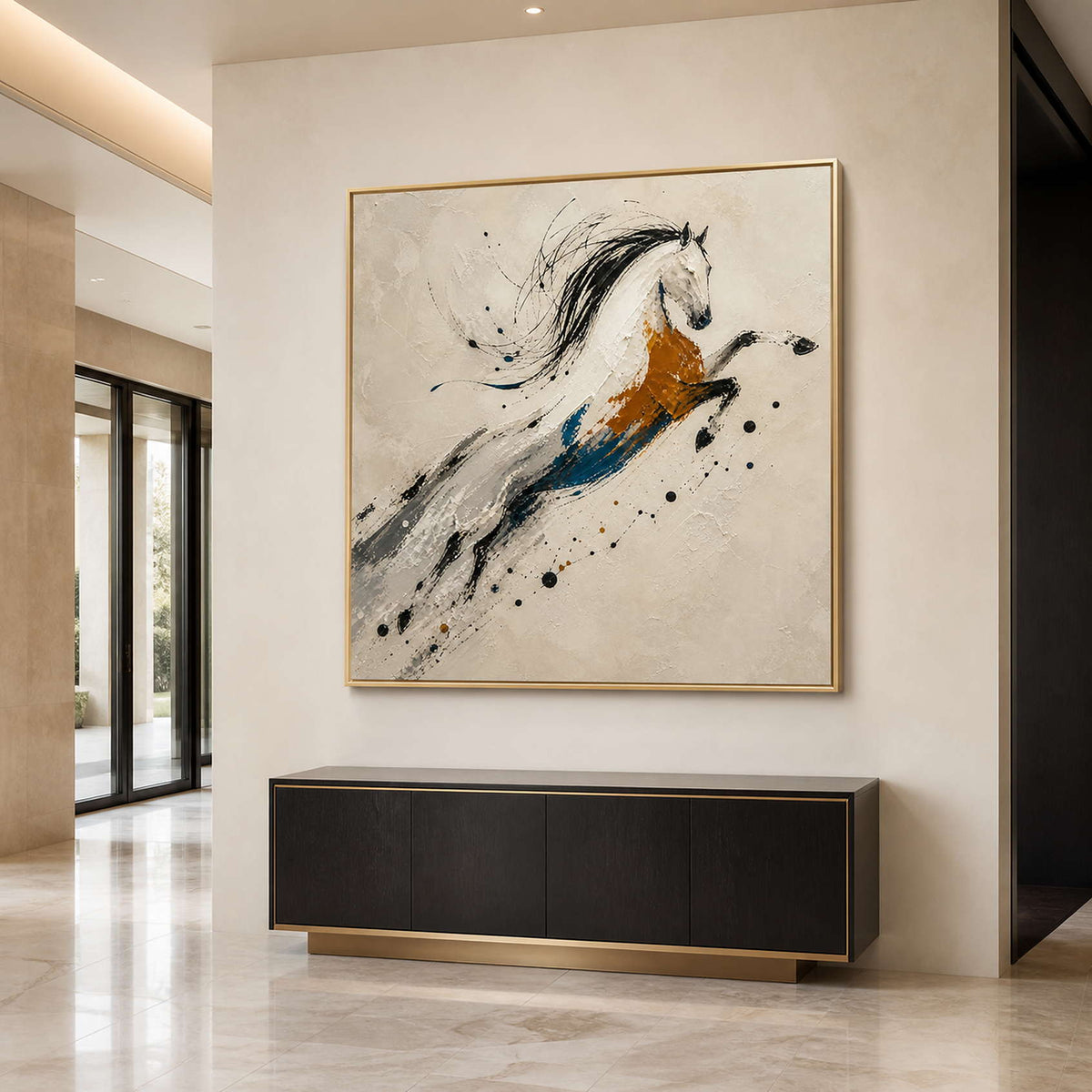 Dynamic equestrian canvas displayed in a high-end modern entryway.