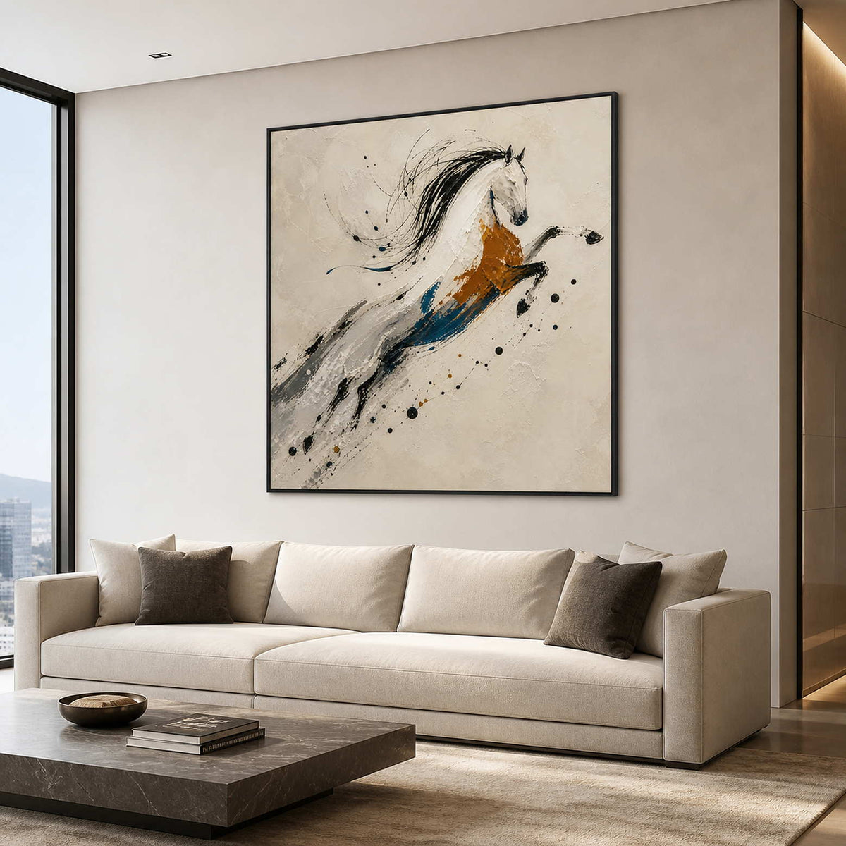 Expressive white horse wall art in a modern American living room.