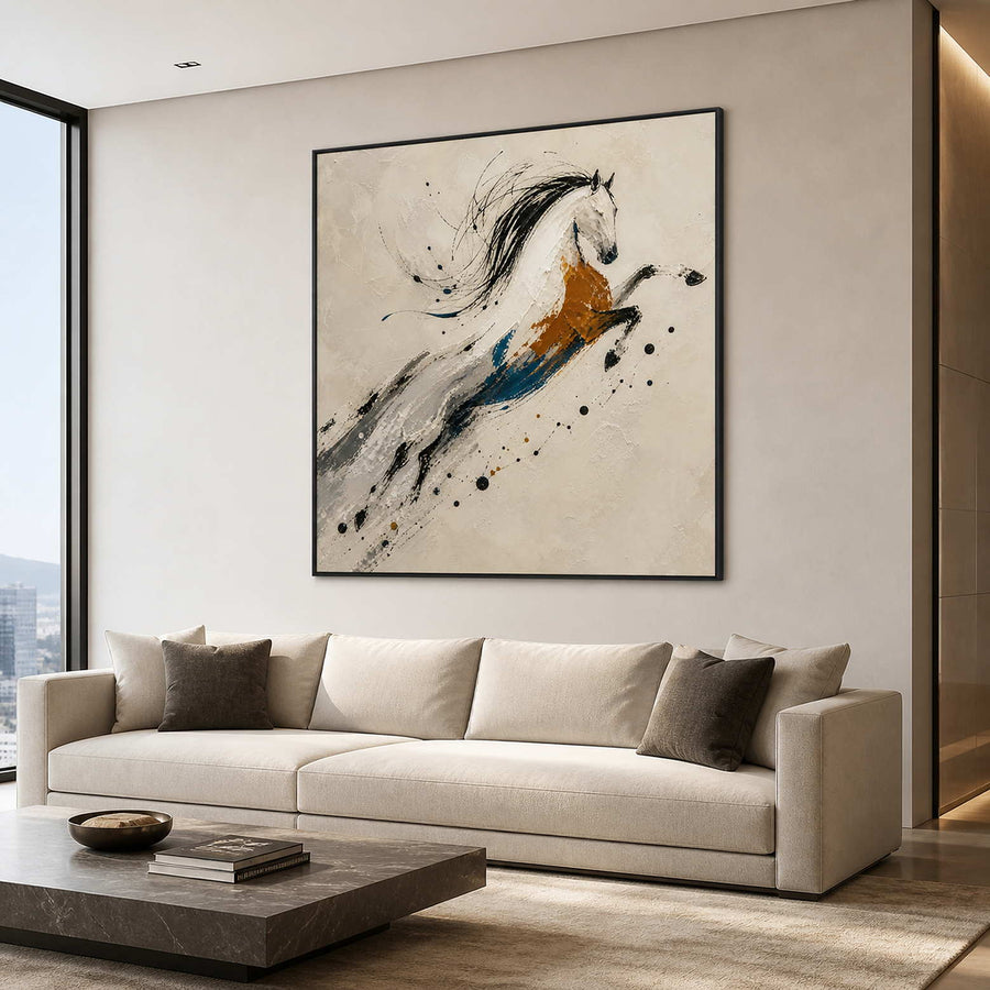 Expressive white horse wall art in a modern American living room.