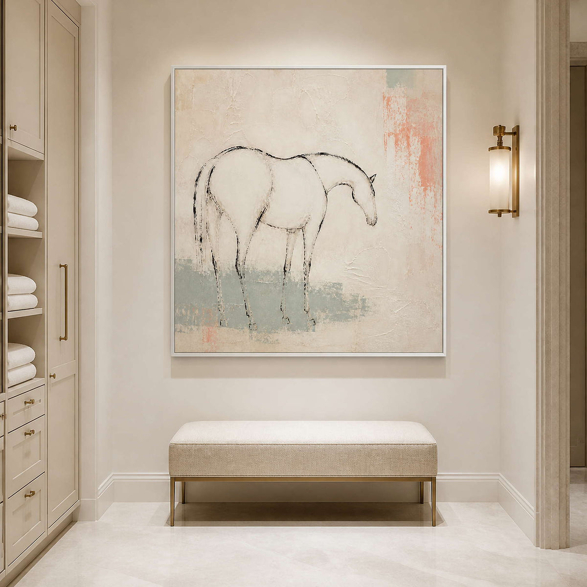 Calm ivory horse canvas displayed in a spa-like bathroom.