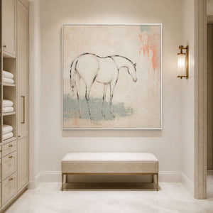 Calm ivory horse canvas displayed in a spa-like bathroom.