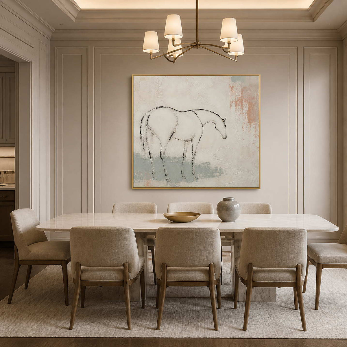 Quiet equestrian artwork displayed in a refined cream dining room.