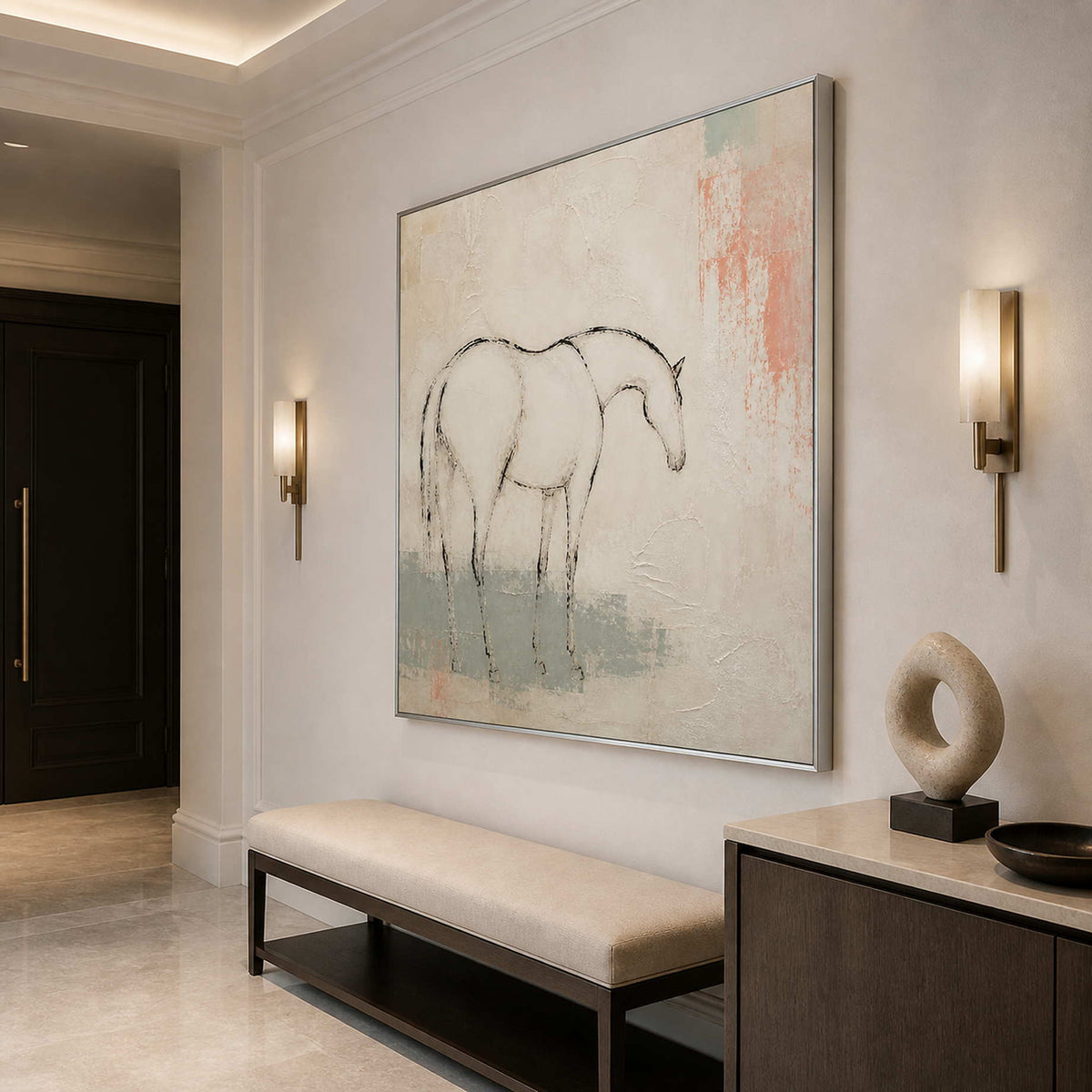 Soft neutral horse artwork adding grace to an elegant entryway.