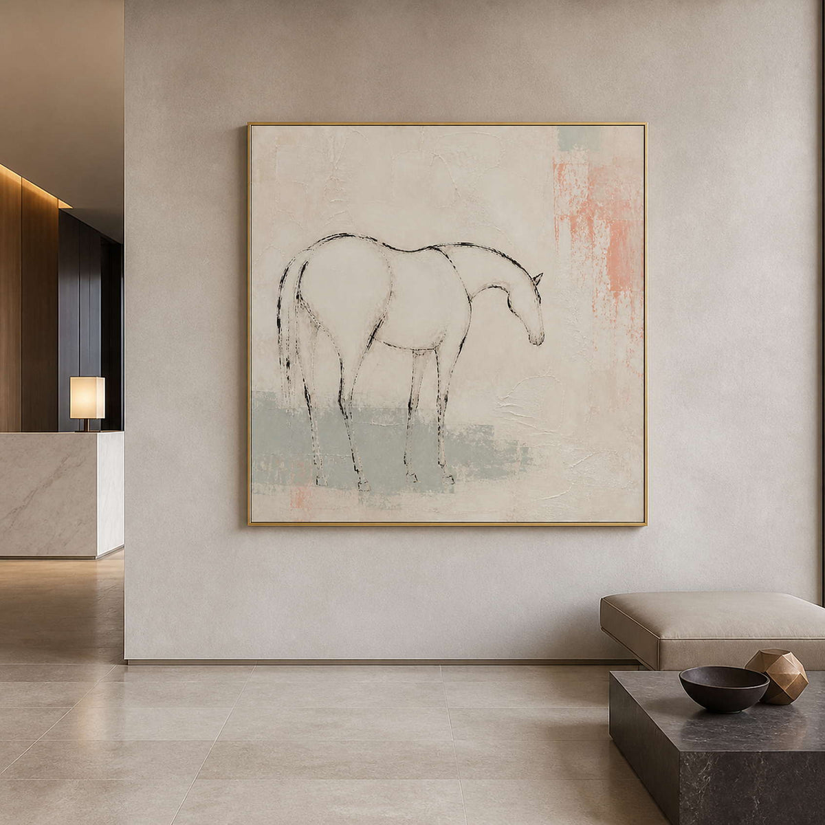 Square minimalist horse canvas bringing calm to a hotel lobby.