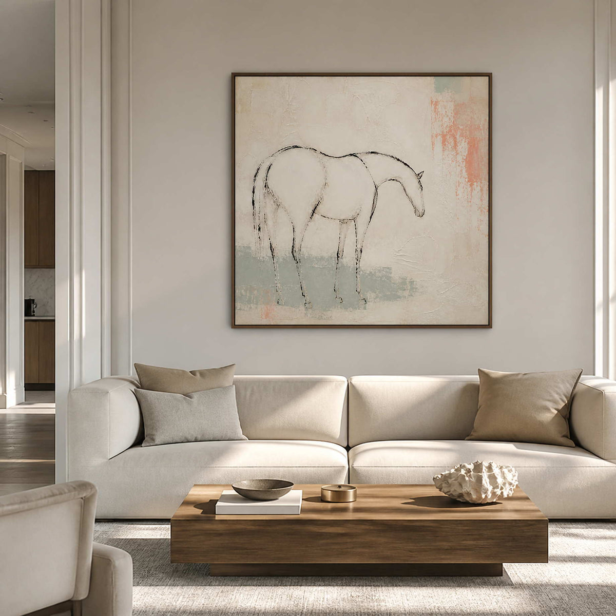 Pale minimalist horse wall art styled in a bright living room.